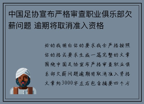 中国足协宣布严格审查职业俱乐部欠薪问题 逾期将取消准入资格