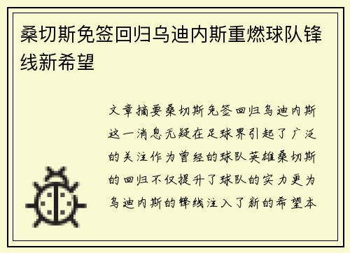 桑切斯免签回归乌迪内斯重燃球队锋线新希望